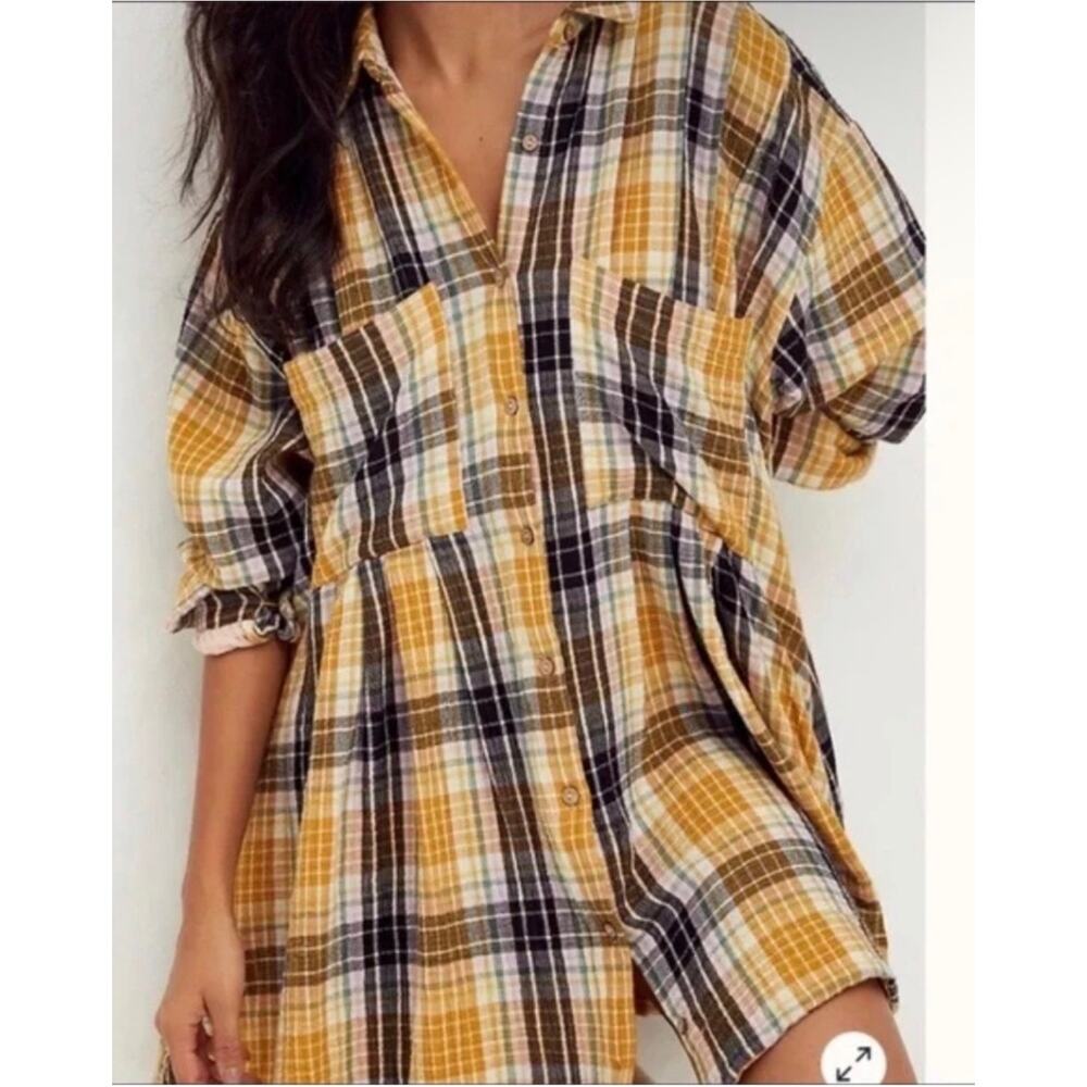 Free People The Voyage Yellow Plaid Long Sleeve Button Up Shirt Dress XS Boho